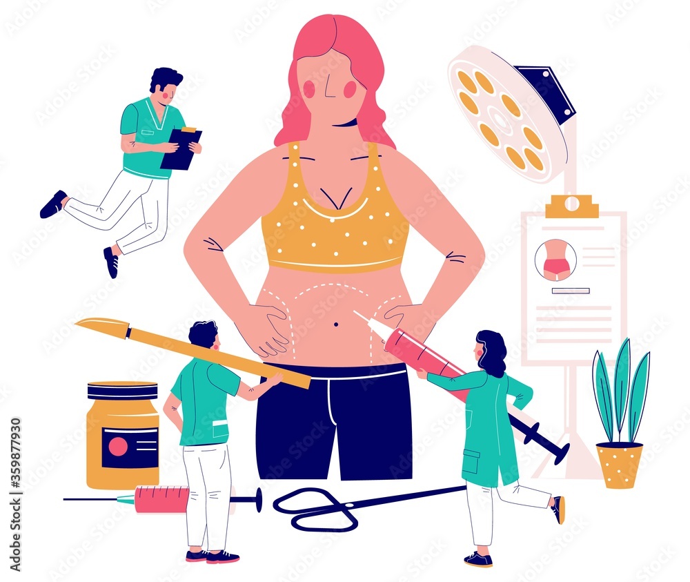 Fototapeta premium Tummy tuck, liposuction of abdomen vector flat illustration. Body contouring surgery. Plastic surgery procedure of fat or excess skin removing.