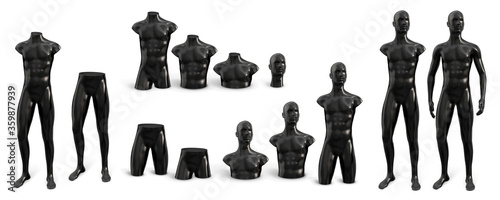 Male standing mannequin for clothes in black plastic. Set from different parts of the body. Vector 3d realistic illustration isolated on white background. Decor for shop windows.
