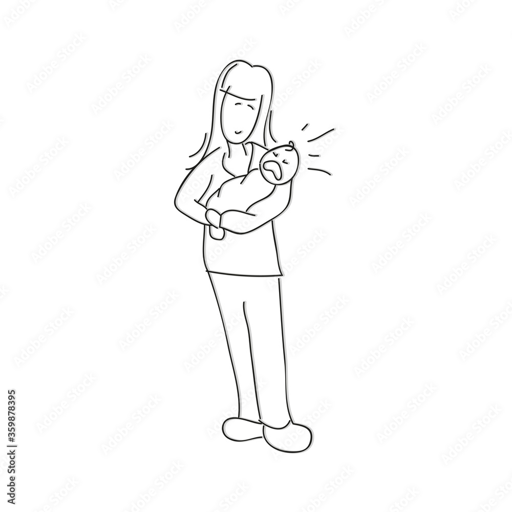 mother holds crying baby in her arms outline drawing vector illustration EPS10 mother holds crying baby in her arms outline drawing vector illustration EPS10