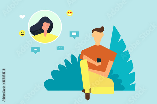 Guy is texting with the girl. Virtual relationship  acquaintance in social network. illustration in flat style