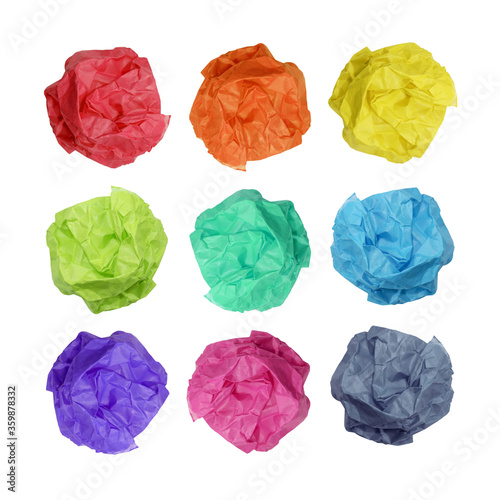Set of multi-colored paper balls isolated on white background. A clump of crumpled paper. School, office concept. Symbol of idea, thought, planning. Top view. Dry waste. © StudioIlanP