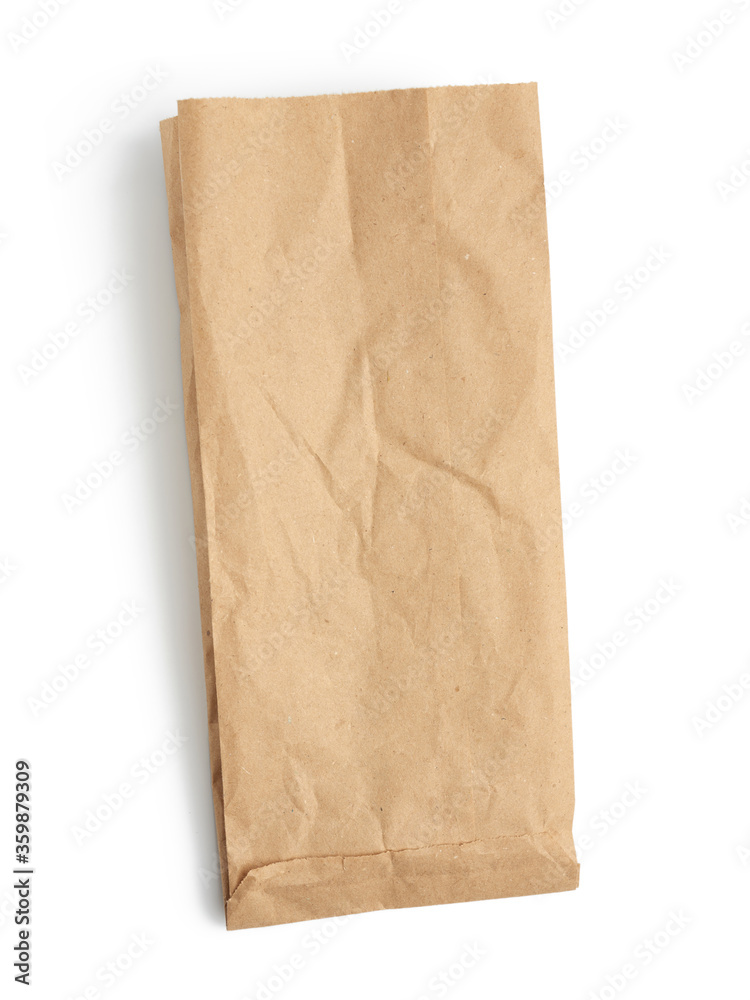 empty paper disposable bag of brown kraft paper isolated on white background, concept of rejection of plastic packaging empty paper disposable bag of brown kraft paper isolated on white background, concept of rejection of plastic packaging