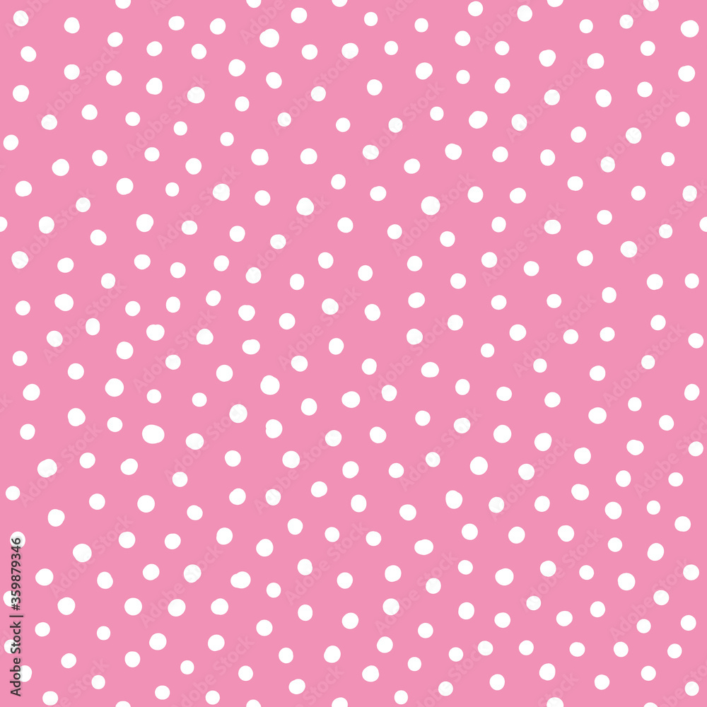 Polka dot seamless pattern, abstract asymmetric white spots on light pink. Hand drawn decorative ornament. Pea texture for fabric, textile, wallpaper. Vector illustration