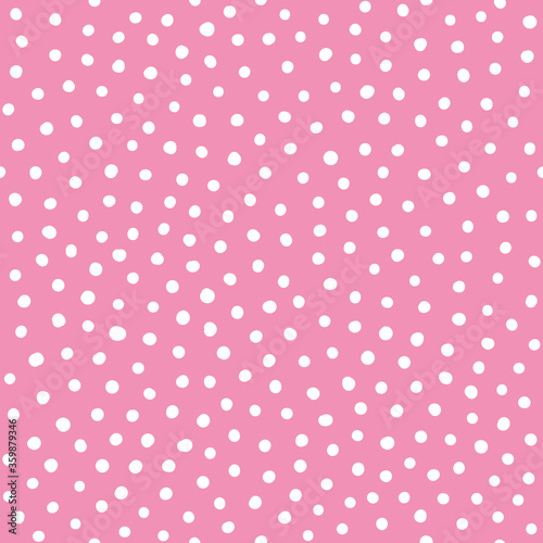 Fototapeta Naklejka Na Ścianę i Meble -  Polka dot seamless pattern, abstract asymmetric white spots on light pink. Hand drawn decorative ornament. Pea texture for fabric, textile, wallpaper. Vector illustration