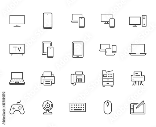 Devices line icons set. Computer, laptop, mobile phone, fax, scanner, smartphone minimal vector illustrations. Simple flat outline sign for web, technology app. Pixel Perfect. Editable Strokes