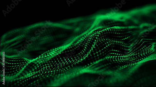 Dynamic particles wave. Green dots on black background. Digital landscape. 3d rendering. Big data visualization 3D. Futuristic backdrop for design, wallpaper.