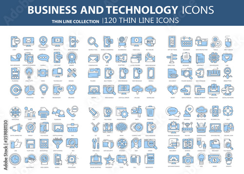 Business and marketing, programming, data management, internet connection, social network, computing, information. Thin line blue icons set. Flat vector illustration
