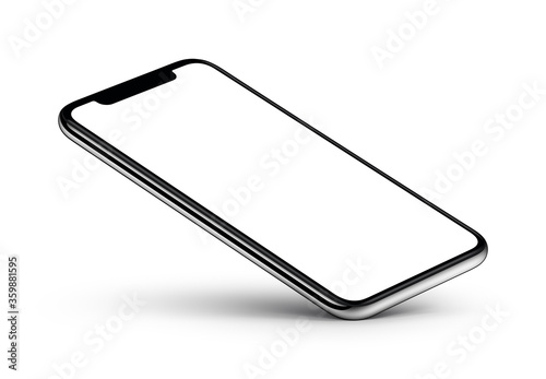 Perspective smartphone mockup on white background. Perspective view smartphone mockup with blank screen rests on one corner with shadow. Use it for mobile game or application UI presentation.