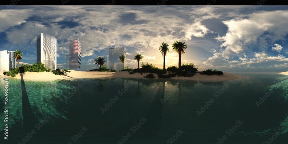 Beach with palm trees of a modern city, HDRI, environment map , Round panorama, spherical panorama, equidistant projection, 360 high resolution panorama