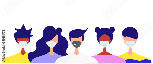 Humans with protective masks flat vector illustrations set. Group of humans wearing medical masks to prevent disease, flu, air pollution, contaminated air, world pollution