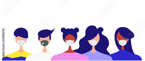 Humans with protective masks flat vector illustrations set. Group of humans wearing medical masks to prevent disease, flu, air pollution, contaminated air, world pollution