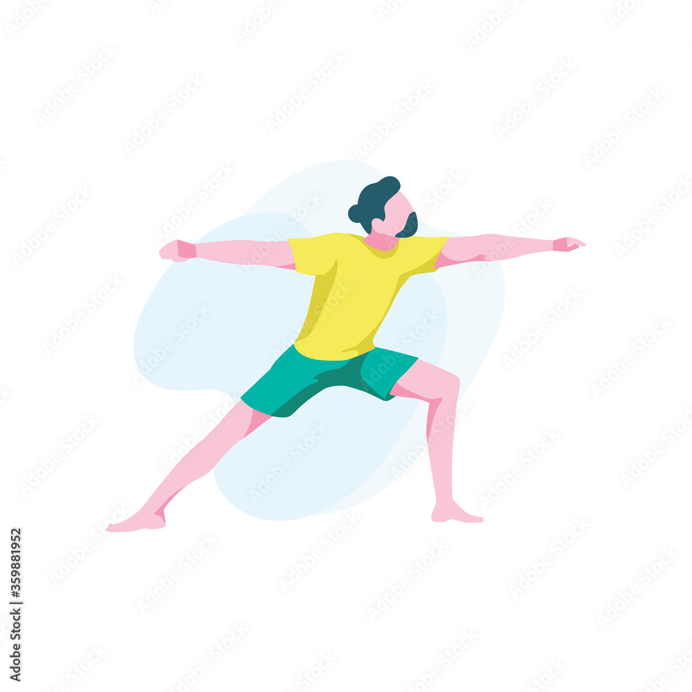 Man demonstrates virabhadrasana 2. Flexible male character practicing yoga asana. Guy stands in a warrior pose, isolated on white background. Healthy lifestyle, home training. Flat vector illustration