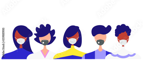 Humans with protective masks flat vector illustrations set. Group of humans wearing medical masks to prevent disease, flu, air pollution, contaminated air, world pollution