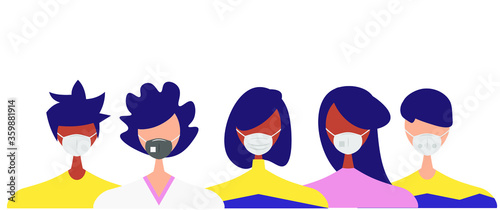 Humans with protective masks flat vector illustrations set. Group of humans wearing medical masks to prevent disease, flu, air pollution, contaminated air, world pollution