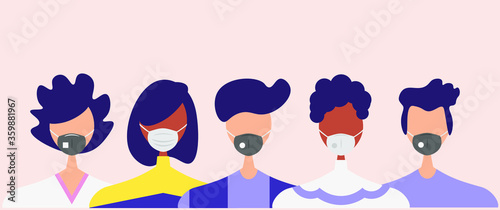 Humans with protective masks flat vector illustrations set. Group of humans wearing medical masks to prevent disease, flu, air pollution, contaminated air, world pollution