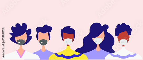 Humans with protective masks flat vector illustrations set. Group of humans wearing medical masks to prevent disease, flu, air pollution, contaminated air, world pollution