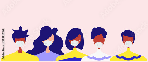 Humans with protective masks flat vector illustrations set. Group of humans wearing medical masks to prevent disease, flu, air pollution, contaminated air, world pollution