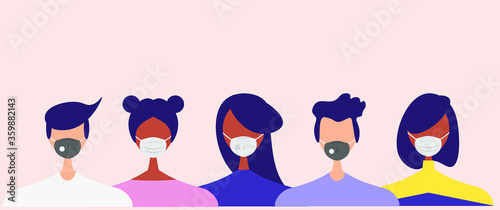 Humans with protective masks flat vector illustrations set. Group of humans wearing medical masks to prevent disease, flu, air pollution, contaminated air, world pollution