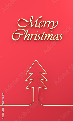 Merry Christmas postcard . Christmas golden tree . 3D rendering . 3D illustration