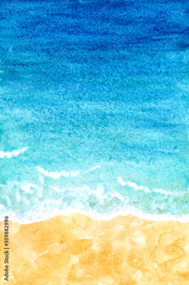 Watercolor blue sea background. Beautiful sea shore with sand beach. View from above. Illustration for cards, posters and design. Background for creative work