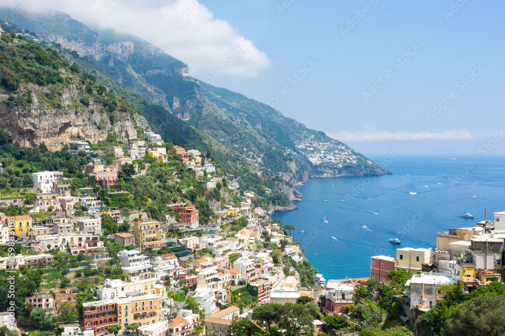 Aerial view of the city of Positano and Amalfi coast.