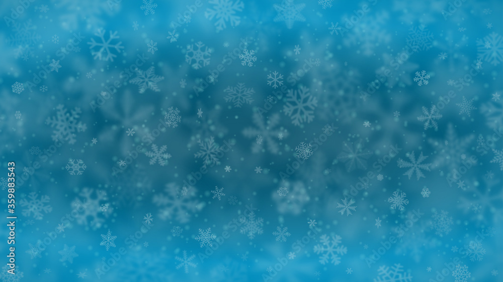 Christmas background of snowflakes of different shapes, sizes, blur and transparency in light blue colors