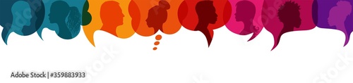 Speech bubble.Silhouette heads people in profile.Diversity people.Talking dialogue and inform.Communicate group of multiethnic people who talk and share ideas.Community.Speak.Social