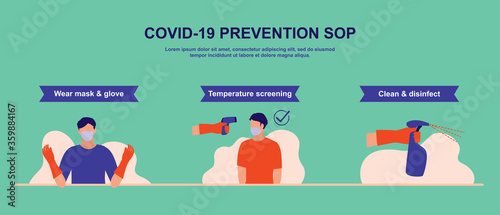 Poster Of Staff Wearing Mask And Glove, Temperature Screening And Disinfect Notice. COVID-19 Coronavirus Outbreak Prevention Concept. Vector Flat Cartoon Illustration. 