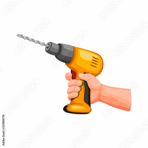 Hand Holding Drill Work Tool. Construction Building Worker Symbol in Cartoon illustration Vector on White background