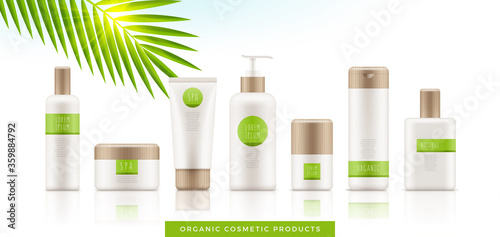 Set of white organic cosmetic packages with bamboo cap on white background. Template of plastic containers - tubes, bottles, jars for shampoo, body lotion, cream, milk, gel, perfume and soap. Vector.