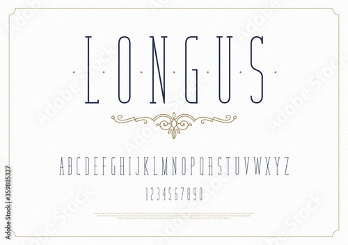 Elegant stylish font. Modern condensed serif typeface. English alphabet. Set of letters - uppercase and numbers. Vector illustration.