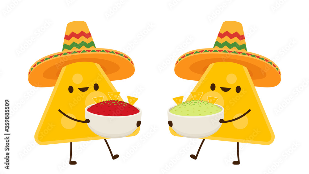 Naklejka premium Nacho in Mexican hat. Nacho dip in bowl. Nacho character design. Avocado and Chilli dip. Sauce cup vector.