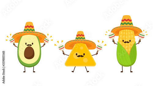 Nacho in Mexican hat. Nacho character design. Avocado and Corn character design. Mexican hat.
