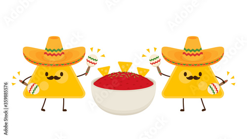 Nacho in Mexican hat. Nacho dip in bowl. Nacho character design. Tomato dip. Sauce cup vector.