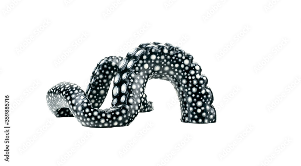 Isolated innovative stand for the phone in the form of an octopus tentacle on a white background. Smartphone on a designer stand handmade printed on a 3D printer. Isolated innovative stand for the phone in the form of an octopus tentacle on a white background. Smartphone on a designer stand handmade printed on a 3D printer.
