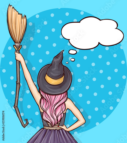 Pop art girl with pink hair standing backwards in witch costume. Young woman in dark hat and dress holds broom, retro vector illustration on blue background. Halloween party invitation, speech bubble.