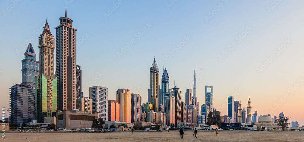 Panoramic picture of the Dubai skyline during sunset