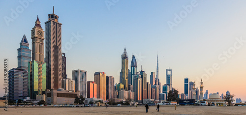 Panoramic picture of the Dubai skyline during sunset
