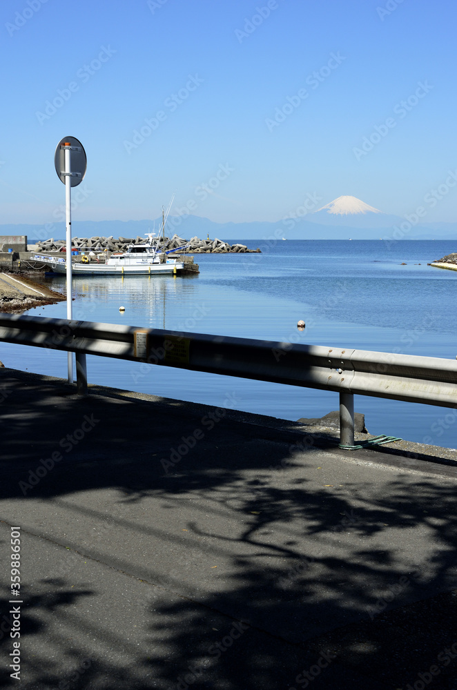 海辺の道路と富士山