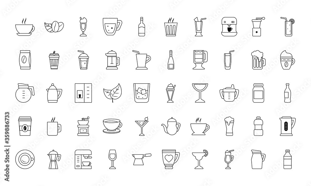 coffee and drinks icon set, line style