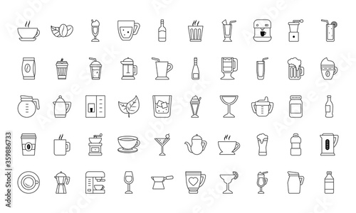 coffee and drinks icon set, line style