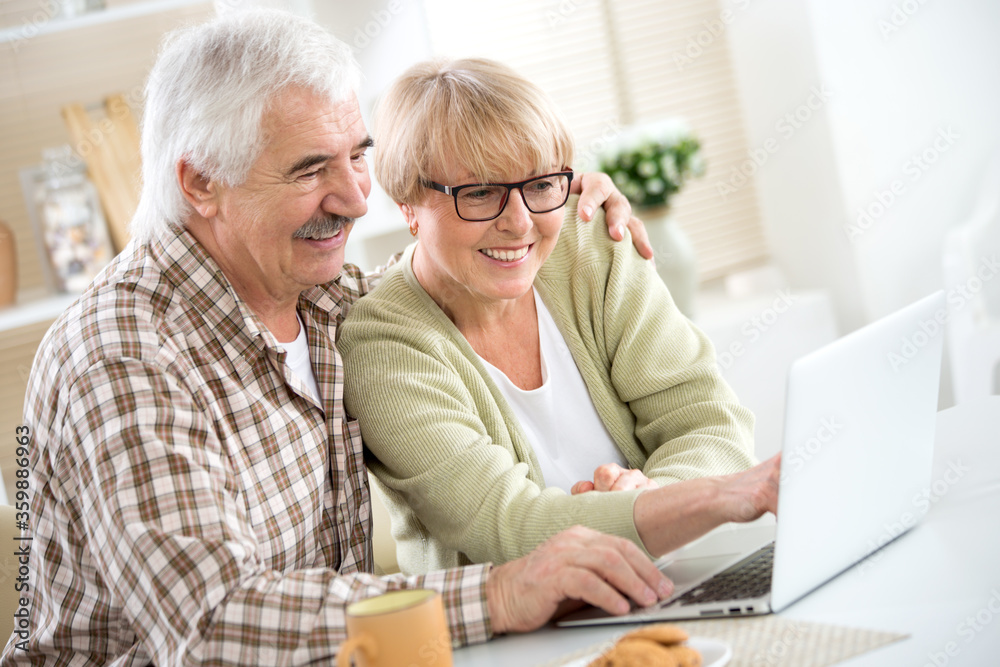 Elderly couple have fun at home with a laptop
