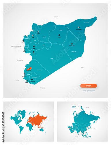 Editable template of map of Syria with marks. Syria on world map and on Asia map.