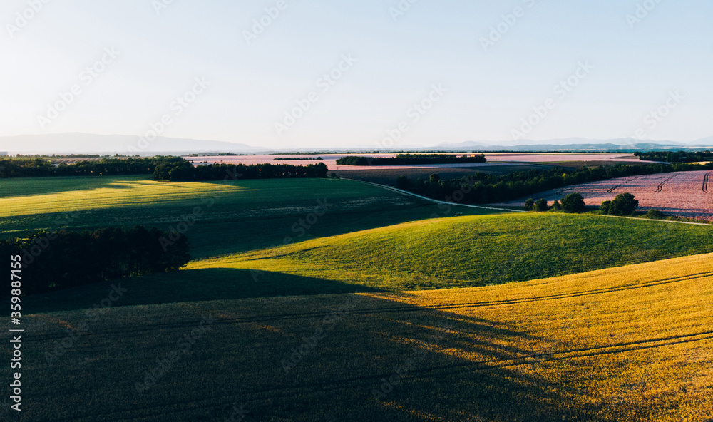 Fototapeta premium Aerial scenic view of beautiful hilly valley with wheat field at sunset time. Countryside rural landscape of famous cultural Italy region, Tuscany fields with afternoon shadows