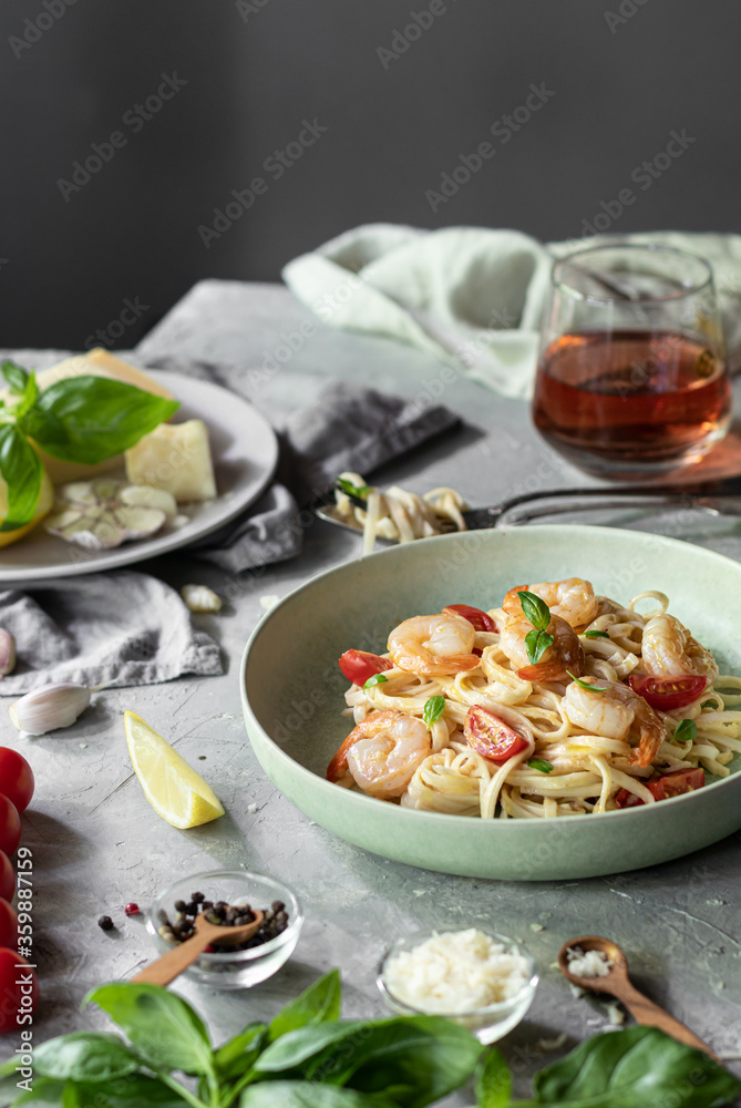 Seafood pasta with cherry tomatoes 