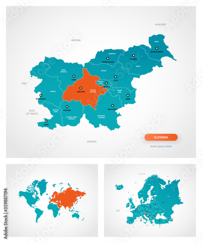 Editable template of map of Slovenia with marks. Slovenia on world map and on Europe map.