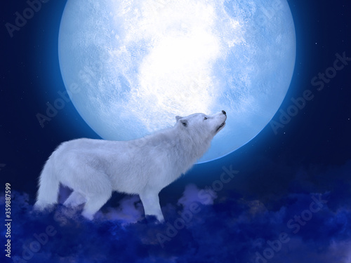3D rendering of a majestic white wolf in moonlight.
