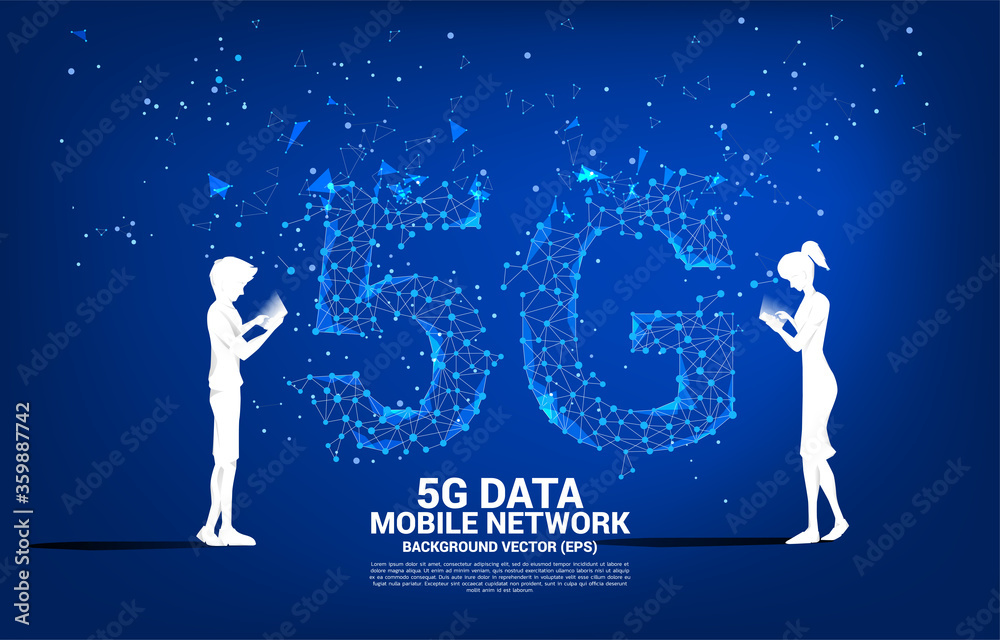 Silhouette of man and woman use mobile phone with 5G futuristic polygon dot connect line background. Concept for remote work from home and technology.