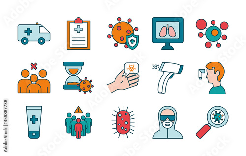 infrared thermometer and coronavirus icon set, line and fill style