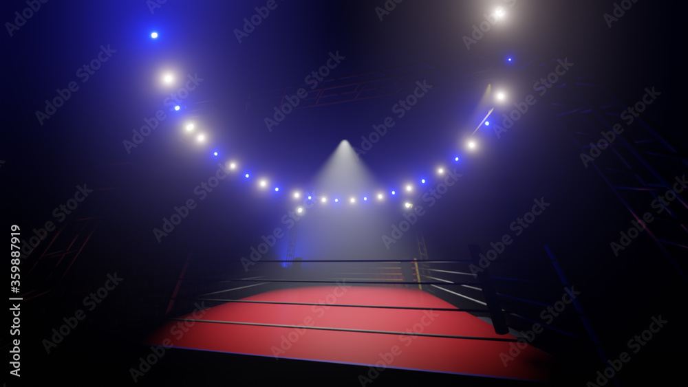 3D boxer arena. Isolated empty boxing ring with light. 3D rendering